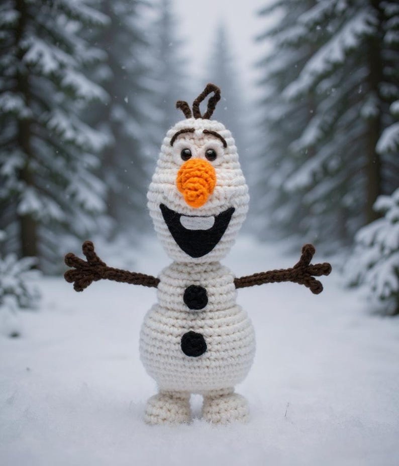 May include: A crocheted snowman with a white body, black buttons, and brown stick arms. The snowman has a carrot nose, a black smile, and brown hair. The background is a snowy forest.