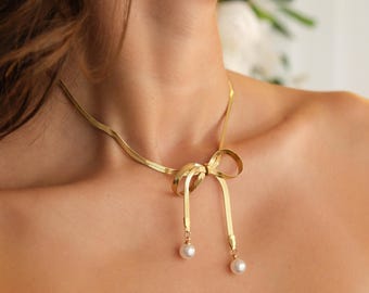 Gold Pearl  Bow Pendant Necklace,Guiding Bow Jewelry,Mother's Day gift