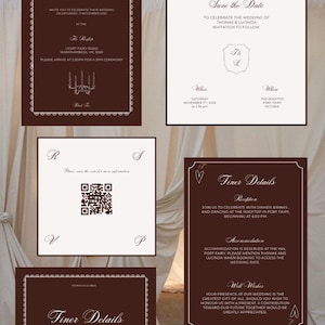 Może przedstawiać: Zestaw kart zaproszeń ślubnych w odcieniach brązu i kremu. Karty posiadają eleganckie czcionki i dekoracyjne obramowania, z tekstem zawierającym imiona, daty i szczegóły wydarzenia. Projekt jest klasyczny i formalny, odpowiedni na ślub.