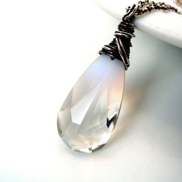 ON SALE White Swarovski Necklace Wire Wrapped Oxidized Sterling Silver Swarovski Airopal Teardrop