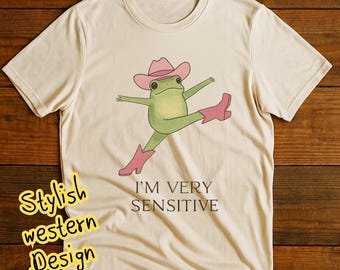 Lustiges Frosch T-Shirt: Empfindlicher Frosch in Pinken Cowboystiefeln - Kawaii Grafik Tee