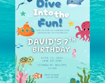 Può includere: Un invito a tema sottomarino. Il testo recita "Dive Into the Fun!" e "David's 7th Birthday". Presenta illustrazioni di un sottomarino, una balena, un polpo e altre creature marine. Sono inclusi anche la data e l'ora.