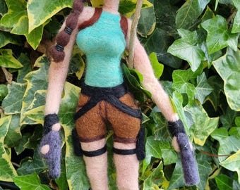 Adventure Archaeologist Inspired Needle Felt Figure | Handmade Wool Gamer Collectible | Retro Gaming Decor | Tomb Raider Inspired Art Doll