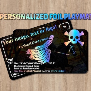 A custom foil playmat describes a knight on the horse, mtg playmat with your image print on it.
