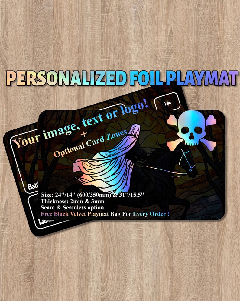A custom foil playmat describes a knight on the horse, mtg playmat with your image print on it.