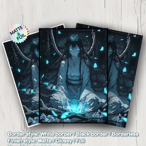 May include: Three art prints featuring a seated figure with long dark hair and glowing blue eyes, surrounded by blue butterflies. The prints have a white border. Text on the image reads "MATTE & FOIL" and "Border style: White border / Black border / Borderless Finish style: Matte / Glossy / Foil Size: Standard / Japan."