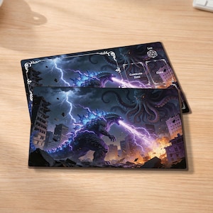 MTG Playmat with Zones- Godzilla Cthulhu Battle Inspiration, 24"x14" TCG Playmat, Gamer Gift