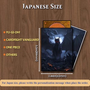 May include: Card sleeves for Japanese size cards, featuring a dark dragon illustration with red eyes and large wings. The sleeves measure 3.5 inches (89mm) by 2.44 inches (62mm). The image includes text that says "JAPANESE SIZE".