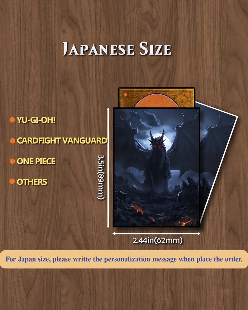 May include: Card sleeves for Japanese size cards, featuring a dark dragon illustration with red eyes and large wings. The sleeves measure 3.5 inches (89mm) by 2.44 inches (62mm). The image includes text that says "JAPANESE SIZE".