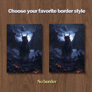 May include: Two canvas prints featuring a dark fantasy dragon illustration with a full moon backdrop. The dragon has red eyes and is set against a dark, rocky landscape. Text reads "Choose your favorite border style" and "No border".