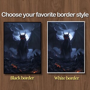 May include: An image featuring a dark fantasy dragon illustration with a choice of black or white borders. The dragon has red eyes and large wings, set against a moonlit sky. Text reads "Choose your favorite border style."
