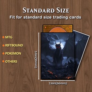 May include: Protective card sleeves for standard size trading cards. The image shows a black dragon with red eyes. The sleeves measure 3.6 inches (91mm) by 2.6 inches (66mm). Compatible with MTG, Riftbound, Pokemon, and other card games.