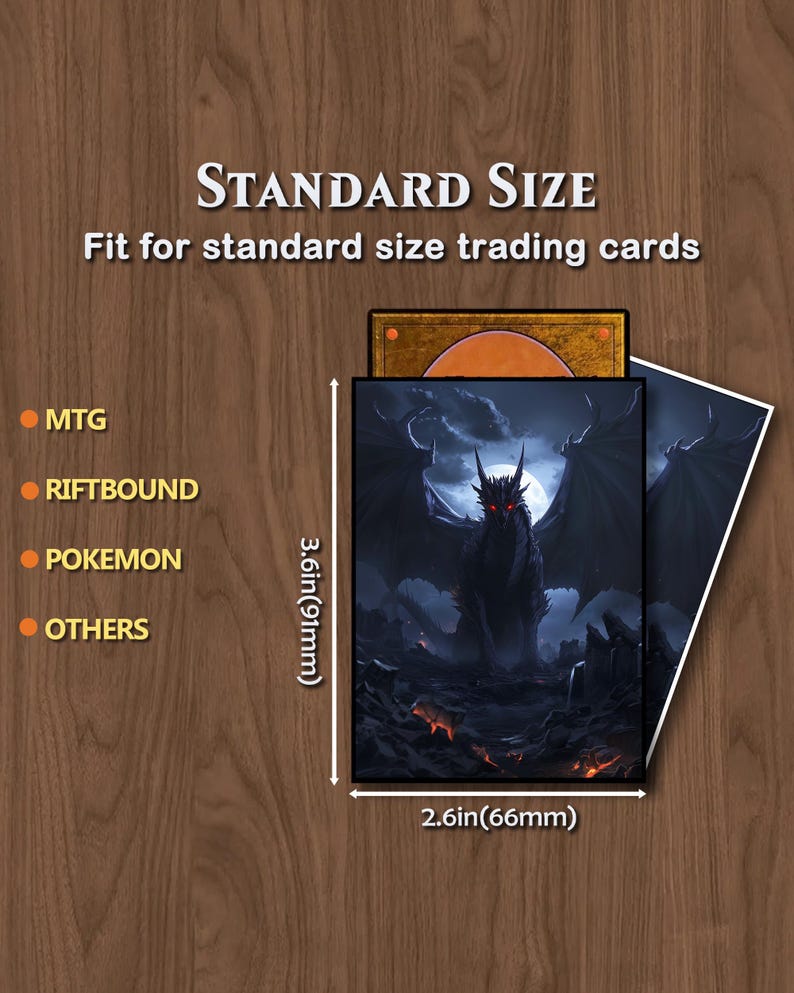 May include: Protective card sleeves for standard size trading cards. The image shows a black dragon with red eyes. The sleeves measure 3.6 inches (91mm) by 2.6 inches (66mm). Compatible with MTG, Riftbound, Pokemon, and other card games.