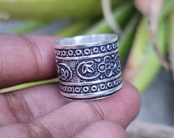 Handmade 925 Sterling Silver Floral Engraved Ring, Oxidized Boho Band