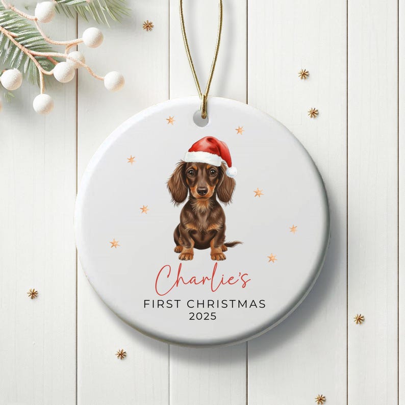 Puppy's First Christmas Ornament, personalized Dachshund ornament keepsake, pets first Christmas ornament, perfect for Dachshund mom, unique dog lover gift, commemorates your dachshund puppy’s first Christmas.