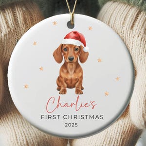 Personalized Dachshund Ornament Keepsake, puppy's first Christmas ornament, pets first Christmas ornament, ideal gift for Dachshund mom, dog lover Christmas gift, festive ornament to celebrate your pup’s first holiday season