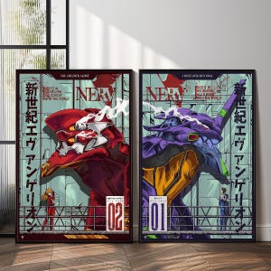 Peut inclure: Deux affiches encadrées d'art d'anime. L'affiche de gauche présente un robot rouge avec le numéro "02" et le texte "YOU ARE (NOT) ALONE". L'affiche de droite montre un robot violet avec le numéro "01" et le texte "I MUST (NOT) RUN AWAY". Les deux affiches ont du texte japonais.