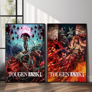 Könnte beinhalten: Zwei gerahmte Anime-Kunstdrucke. Der linke Druck zeigt eine Figur mit blauen Haaren, die eine rote Waffe hält, mit dem Text "TOUGEN ANKI" unten. Der rechte Druck hat einen feurigen Hintergrund und denselben Text.