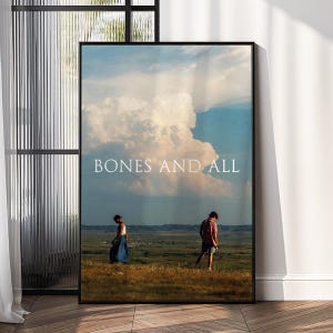 May include: A framed poster featuring the movie title "BONES AND ALL" against a backdrop of a cloudy sky and a grassy field. Two figures stand on the horizon. The poster is displayed near a window.