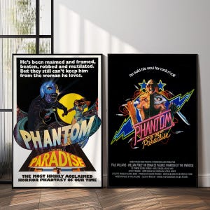 May include: Two framed movie posters for "Phantom of the Paradise." The left poster features a masked figure and the text "He's been maimed and framed..." The right poster has a figure with a split face and the text "he sold his soul for rock n' roll."