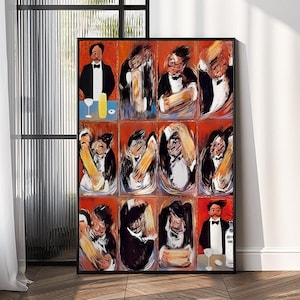Op de afbeelding: Een ingelijst kunstwerk met twaalf panelen, elk met een figuur in smoking. Het kunstwerk gebruikt een warm kleurenpalet met oranje en rode tinten. De figuren bevinden zich in verschillende poses, sommige houden voorwerpen vast. Een fles en glazen zijn zichtbaar.