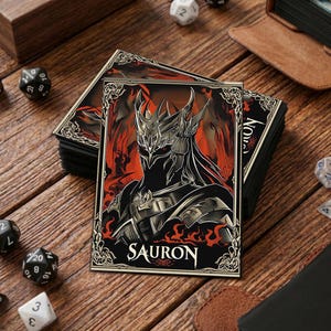 May include: A stack of black card sleeves with an illustration of Sauron from Lord of the Rings. The artwork is in black, red, and silver, with the name "SAURON" displayed. The sleeves are for trading or gaming cards. Dice are scattered around.