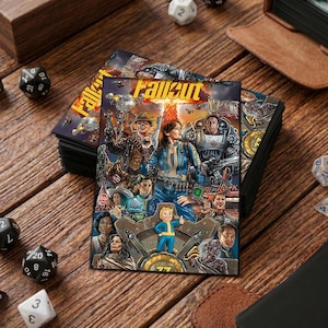 Op de afbeelding: Een stapel Fallout-kaarthoesjes met een kleurrijke collage van personages en afbeeldingen uit de videogame. De hoesjes hebben een glanzende afwerking en worden gepresenteerd op een houten oppervlak met dobbelstenen.