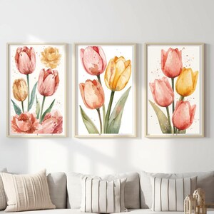 21 Pastel Tulip Watercolor Art | Abstract Pink & Yellow Flowers Print | Digital Download PNGs
