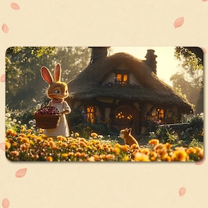 May include: A whimsical illustration of a rabbit carrying a basket of red berries in a field of yellow flowers. A cottage with a thatched roof and glowing windows is in the background, with a fox nearby. The scene is set in a sunny, idyllic environment.