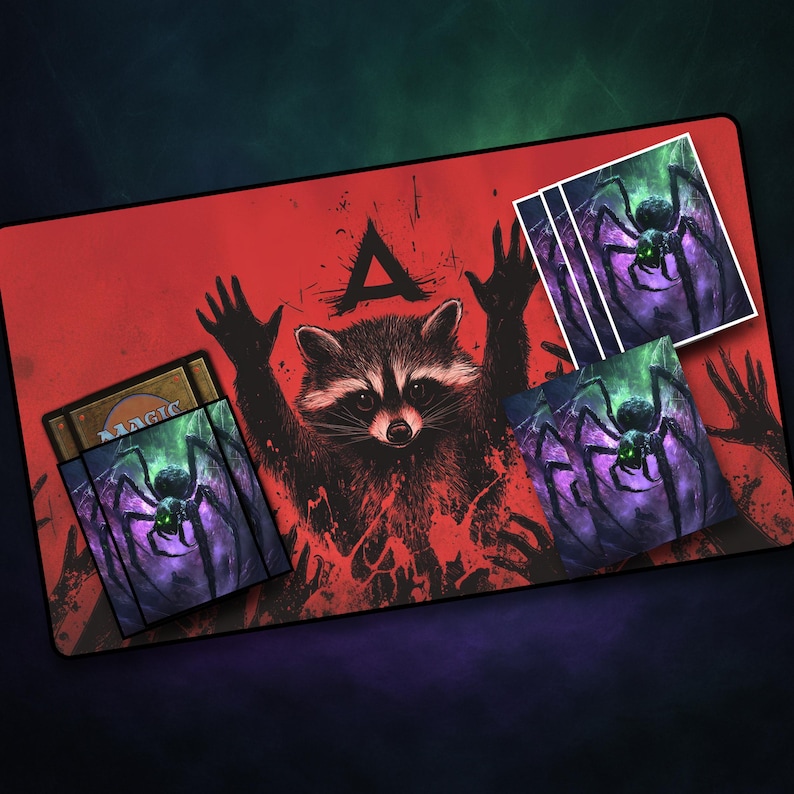 May include: A red playmat featuring a raccoon with raised hands and a black spider graphic. The playmat includes card sleeves with the same spider design and the word "MAGIC".
