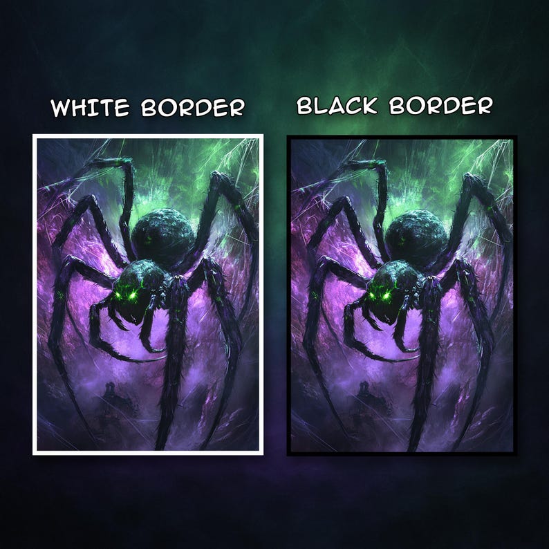 May include: Two framed prints featuring a detailed illustration of a large spider with glowing green eyes. One print has a white border, the other a black border. The background is a mix of purple and green.