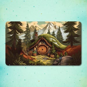 May include: A whimsical illustration of a hobbit hole nestled in a lush forest. The dwelling features a round wooden door, a grassy roof, and a stone chimney. Snow-capped mountains and tall pine trees form the backdrop, creating a serene, fantasy landscape.