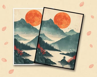 MTG Card Sleeves, Ukiyo-e Style Red Moon Landscape TCG Sleeves, Matte/ Foil, Standard Size.