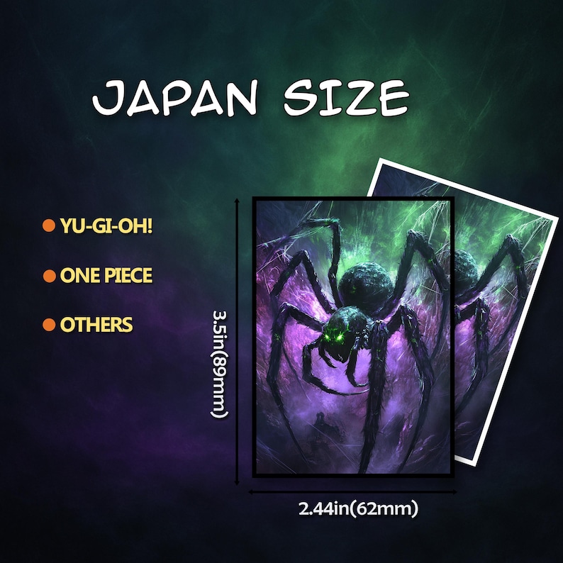 May include: Card sleeves with a spooky spider design. The sleeves are 3.5 inches (89mm) by 2.44 inches (62mm) and are labeled as "JAPAN SIZE". Compatible with Yu-Gi-Oh!, One Piece, and other card games.