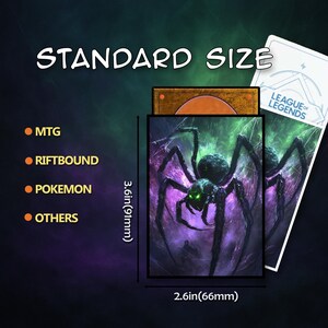 May include: Standard size card sleeves with a spider graphic. The sleeves are 3.6 inches (91mm) by 2.6 inches (66mm) and are compatible with MTG, Riftbound, Pokemon, and other card games. The text "STANDARD SIZE" is at the top.