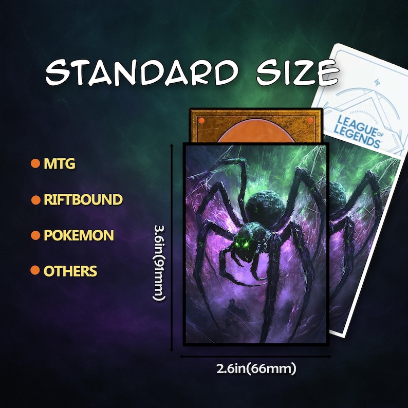 May include: Standard size card sleeves with a spider graphic. The sleeves are 3.6 inches (91mm) by 2.6 inches (66mm) and are compatible with MTG, Riftbound, Pokemon, and other card games. The text "STANDARD SIZE" is at the top.