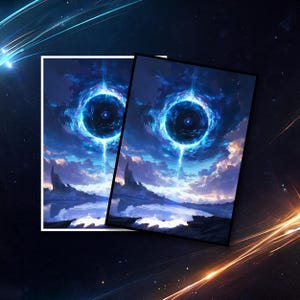 May include: Two fantasy art prints featuring a celestial scene with a glowing blue orb, a beam of light, and a landscape with mountains and water. The prints have a dark blue and black background.