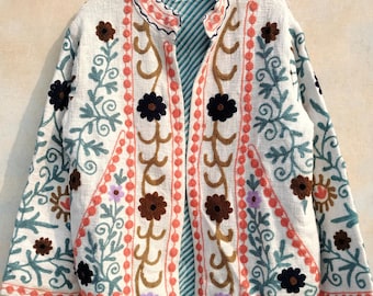 Handmade Suzani Embroidered Cotton Jacket, Boho Short Coat.