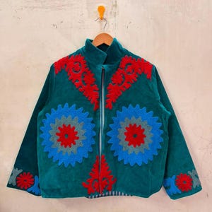 Sunburst Embroidery Velvet Jacket: Eclectic Bohemian Fashion Coat, Statement Kimono Jacket