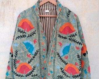 Handgemaakte Suzani Kantha Boho geborduurde katoenen jas | Handgemaakte bloemenjas
