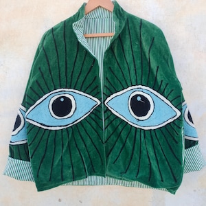 Green Velvet Sky Evil Eye Embroidery Suzani Jacket: Boho Hippie Winter Coat