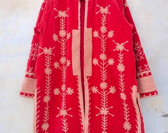 Suzani Velvet Long Jacket | Handmade Floral Embroidered Boho Winter Coat