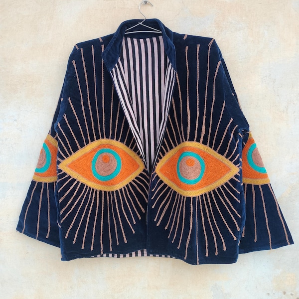 Chaqueta de terciopelo bordada con el ojo turco: abrigo de invierno estilo boho hippie.