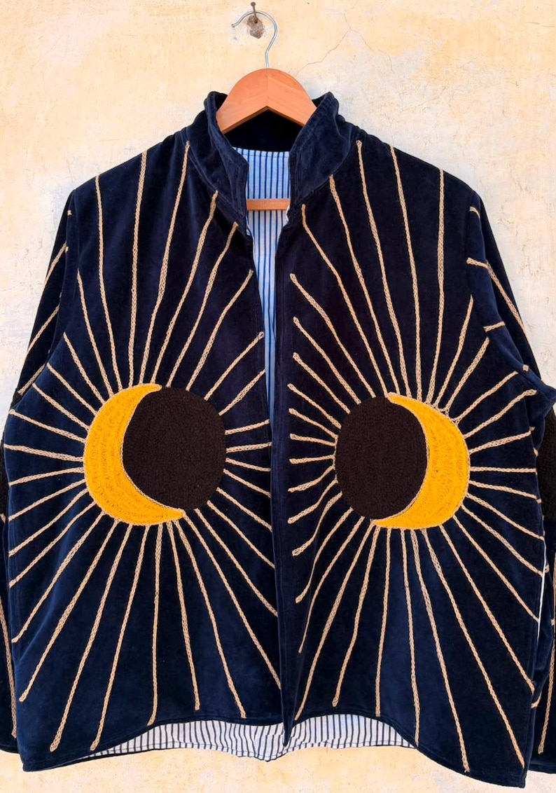 Golden Radiating Sun Celestial Sun Moon Velvet Jacket | Handmade Navy Blue Embroidered Coat ...