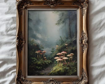 Lámina artística de setas del bosque encantado: pintura de paisaje místico de bosque, decoración de pared natural estilo cottagecore, ilustración botánica fantástica