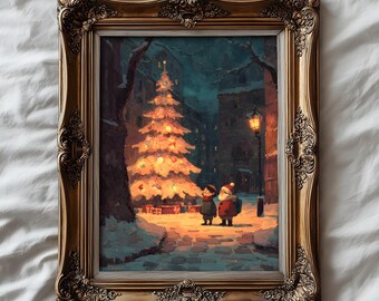 Whimsical Christmas Night Art Print – Cozy Winter Park Illustration, Magical Holiday Tree Scene, Storybook Festive Wall Art