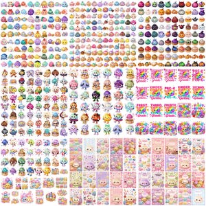 May include: A large collection of colorful stickers featuring cartoon dumplings with various expressions, accessories, and themes, including school grade labels like Pre-K, Kindergarten, First, Second, Third, and Fourth Grade, alongside small notebook designs.