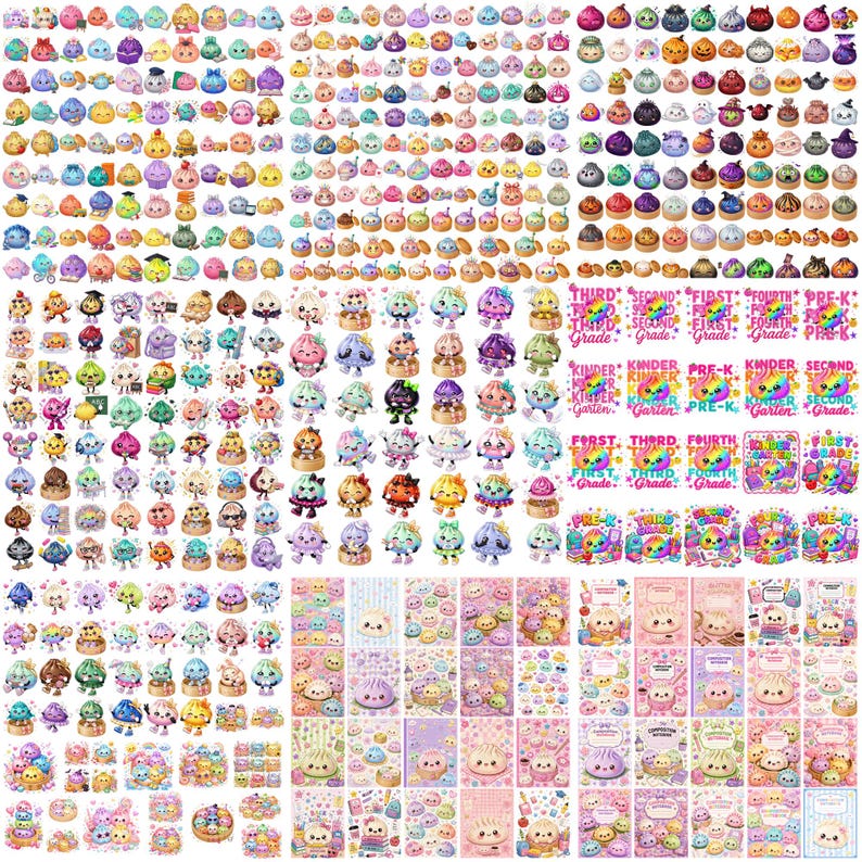 May include: A large collection of colorful stickers featuring cartoon dumplings with various expressions, accessories, and themes, including school grade labels like Pre-K, Kindergarten, First, Second, Third, and Fourth Grade, alongside small notebook designs.