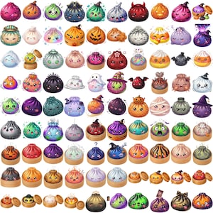 May include: A collection of numerous small, round, steamed bun characters featuring diverse expressions, colors, and Halloween-themed accessories like witch hats, pumpkins, and ghost costumes, arranged in a grid pattern on a white background.