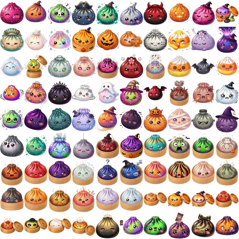 May include: A collection of numerous small, round, steamed bun characters featuring diverse expressions, colors, and Halloween-themed accessories like witch hats, pumpkins, and ghost costumes, arranged in a grid pattern on a white background.